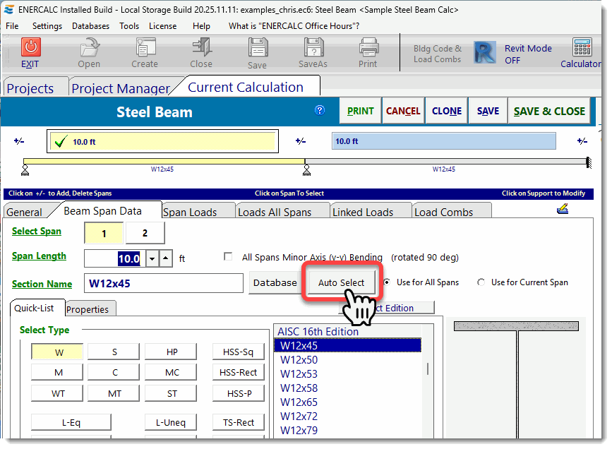 Auto Select section size button