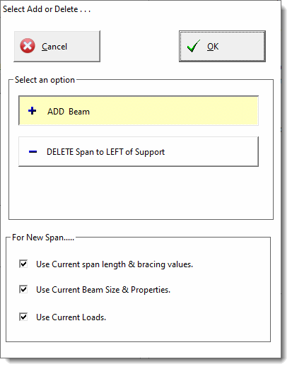 Add / delete span screen