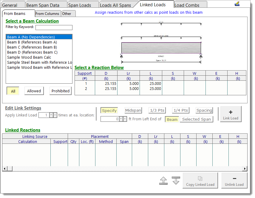 Linked Loads tab for transferring support reactions between calculations.
