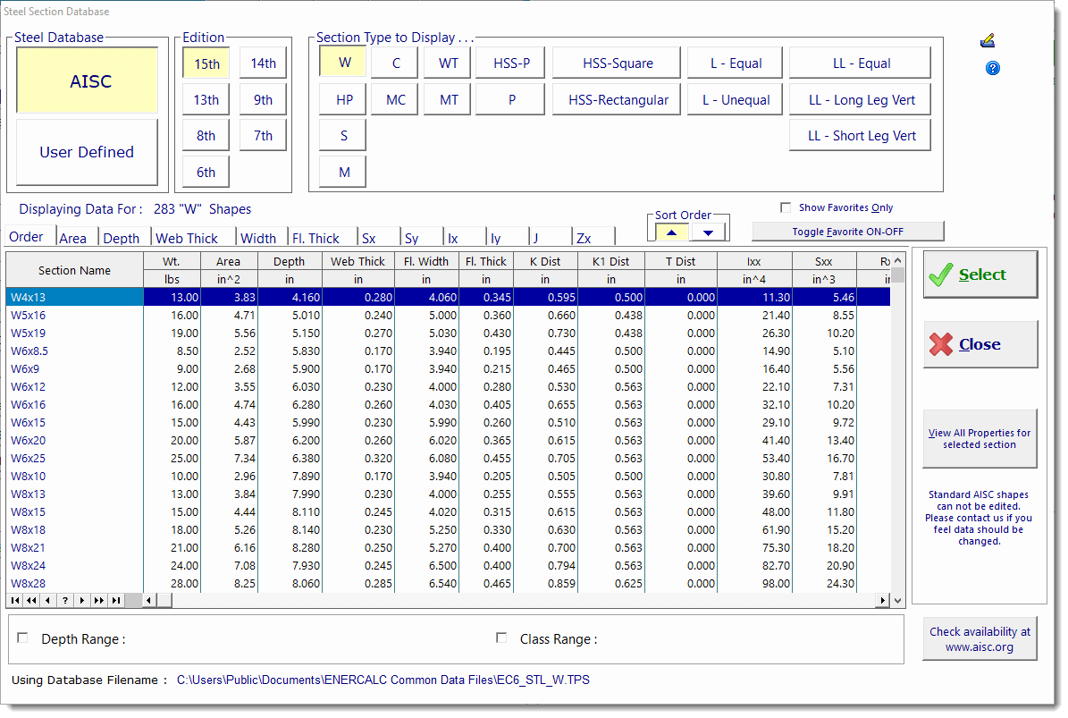 Steel Section Database