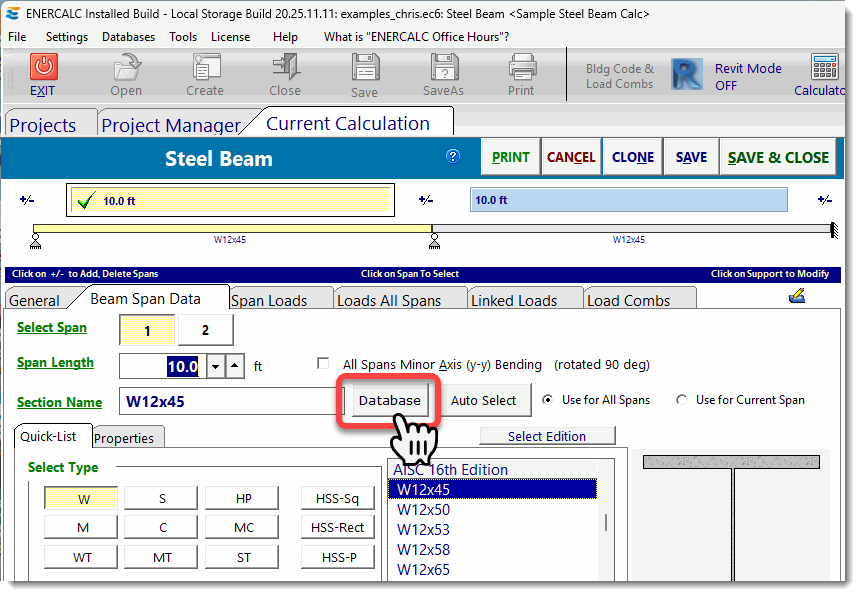 Beam section database button